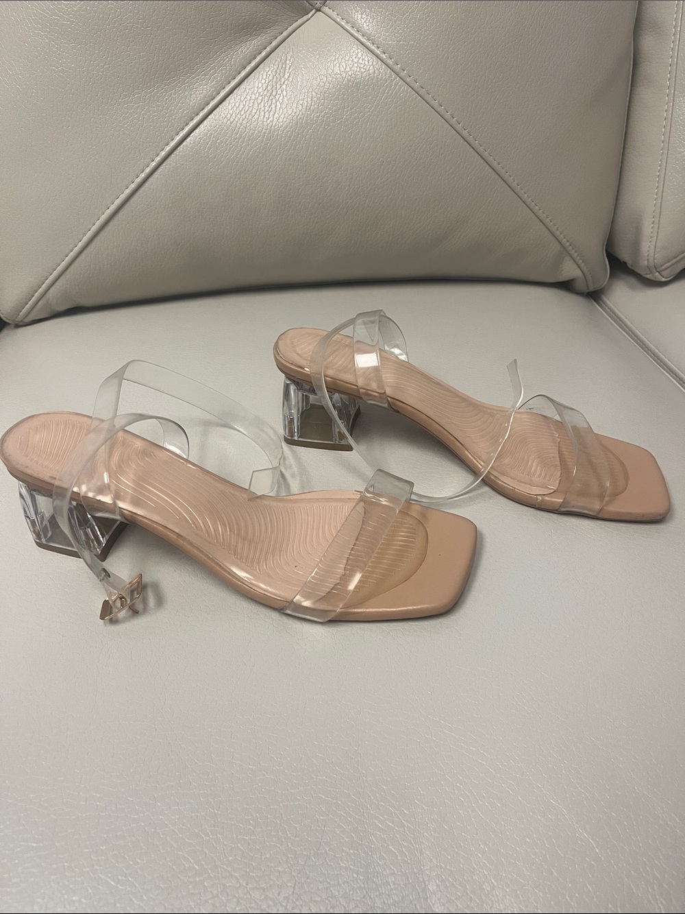 Clear Strap Block Heel Sandals in Nude/Transparent